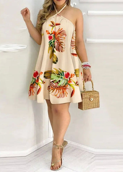 Boho White Backless Print Cotton Halter Dress Summer
