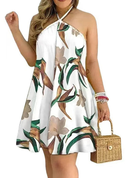 Boho White Backless Print Cotton Halter Dress Summer