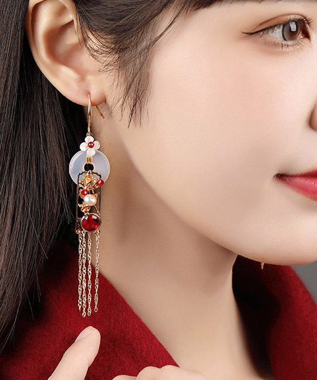 Boho Weiß Kupfer Jade Achat Perle Quaste Tropfen Ohrringe