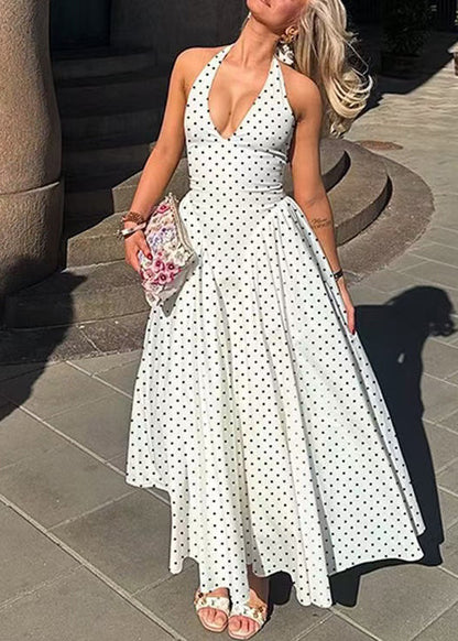 Boho White Dot Exra Large Hem Cotton Halter Maxi Dress Sleeveless