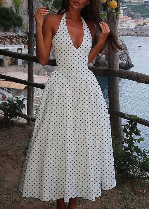 Boho White Dot Exra Large Hem Cotton Halter Maxi Dress Sleeveless