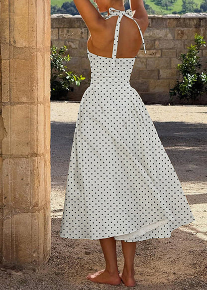 Boho White Dot Exra Large Hem Cotton Halter Maxi Dress Sleeveless