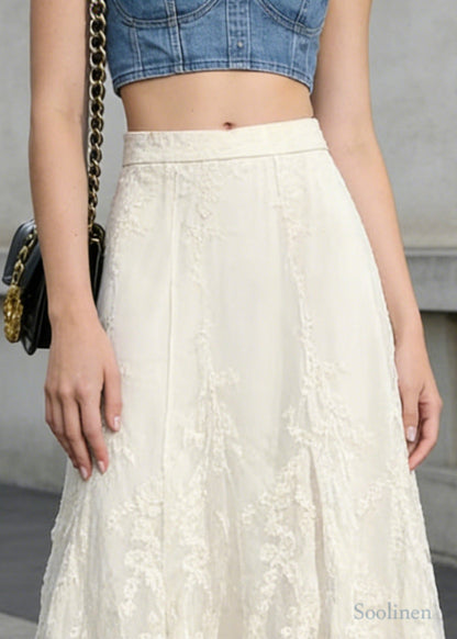 Boho White High Waist Embroidered Lace A Line Skirts Spring