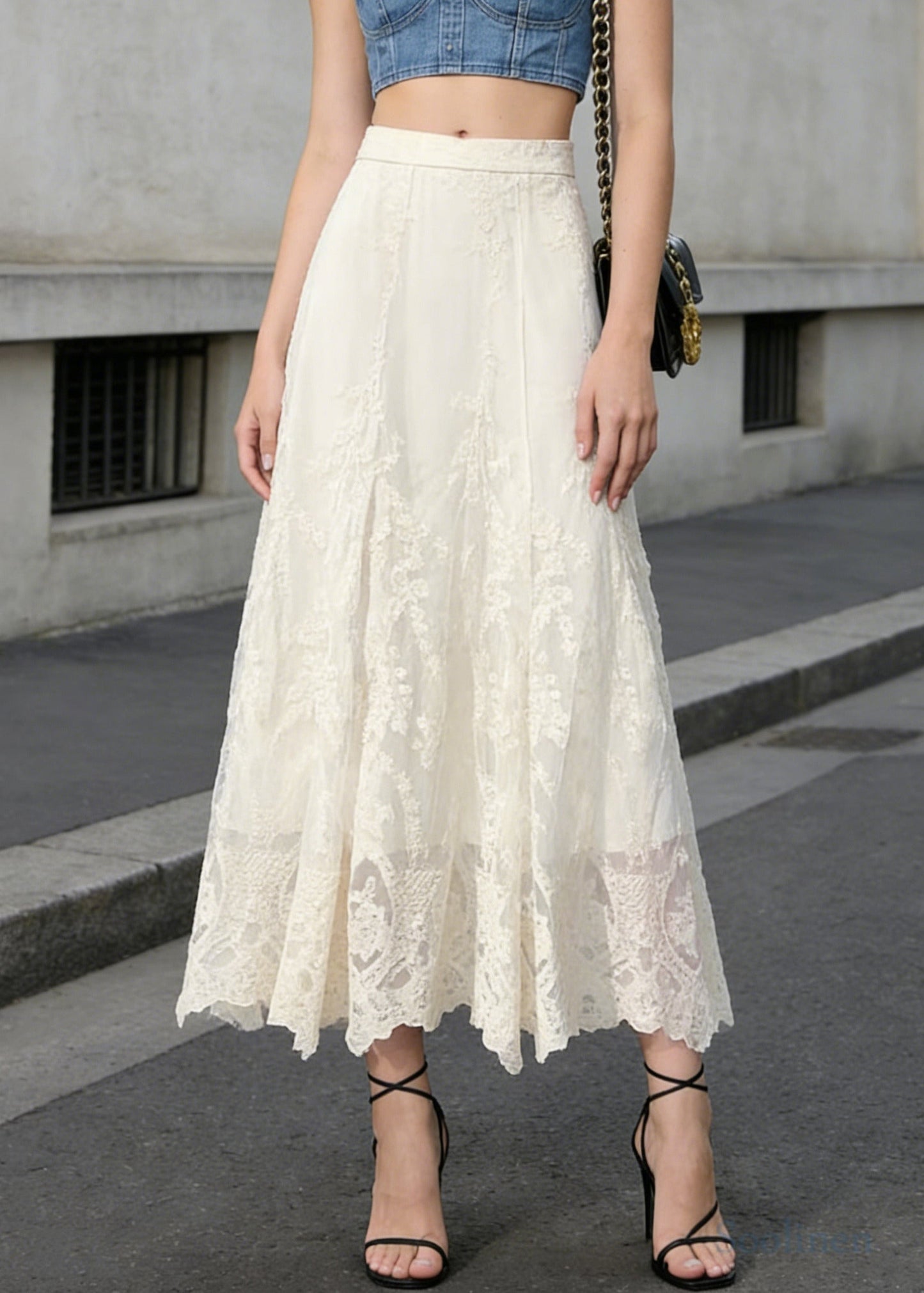 Boho White High Waist Embroidered Lace A Line Skirts Spring