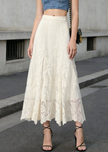 Boho White High Waist Embroidered Lace A Line Skirts Spring