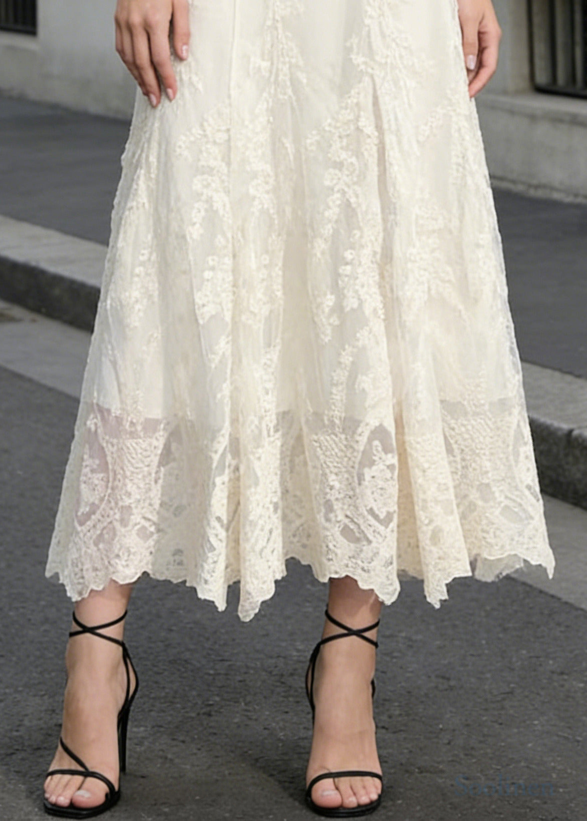 Boho White High Waist Embroidered Lace A Line Skirts Spring