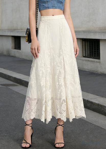 Boho White High Waist Embroidered Lace A Line Skirts Spring