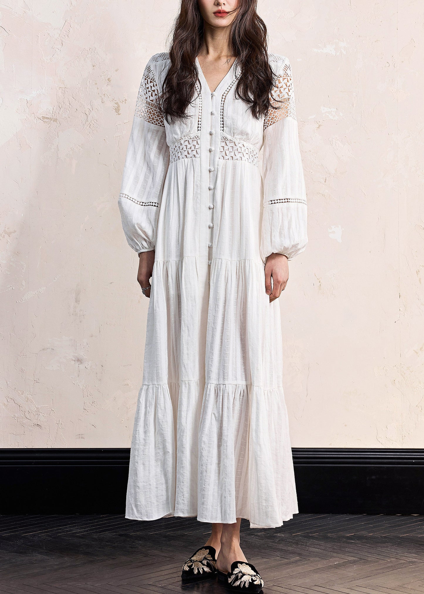 Boho White Hollow Out Wrinkled Cotton Blouses Dress Fall