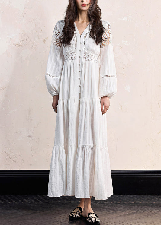 Boho White Hollow Out Wrinkled Cotton Blouses Dress Fall