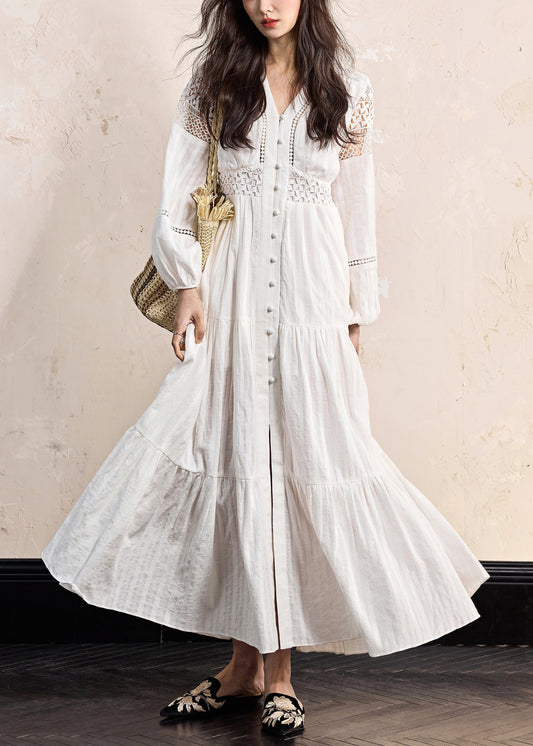 Boho White Hollow Out Wrinkled Cotton Blouses Dress Fall