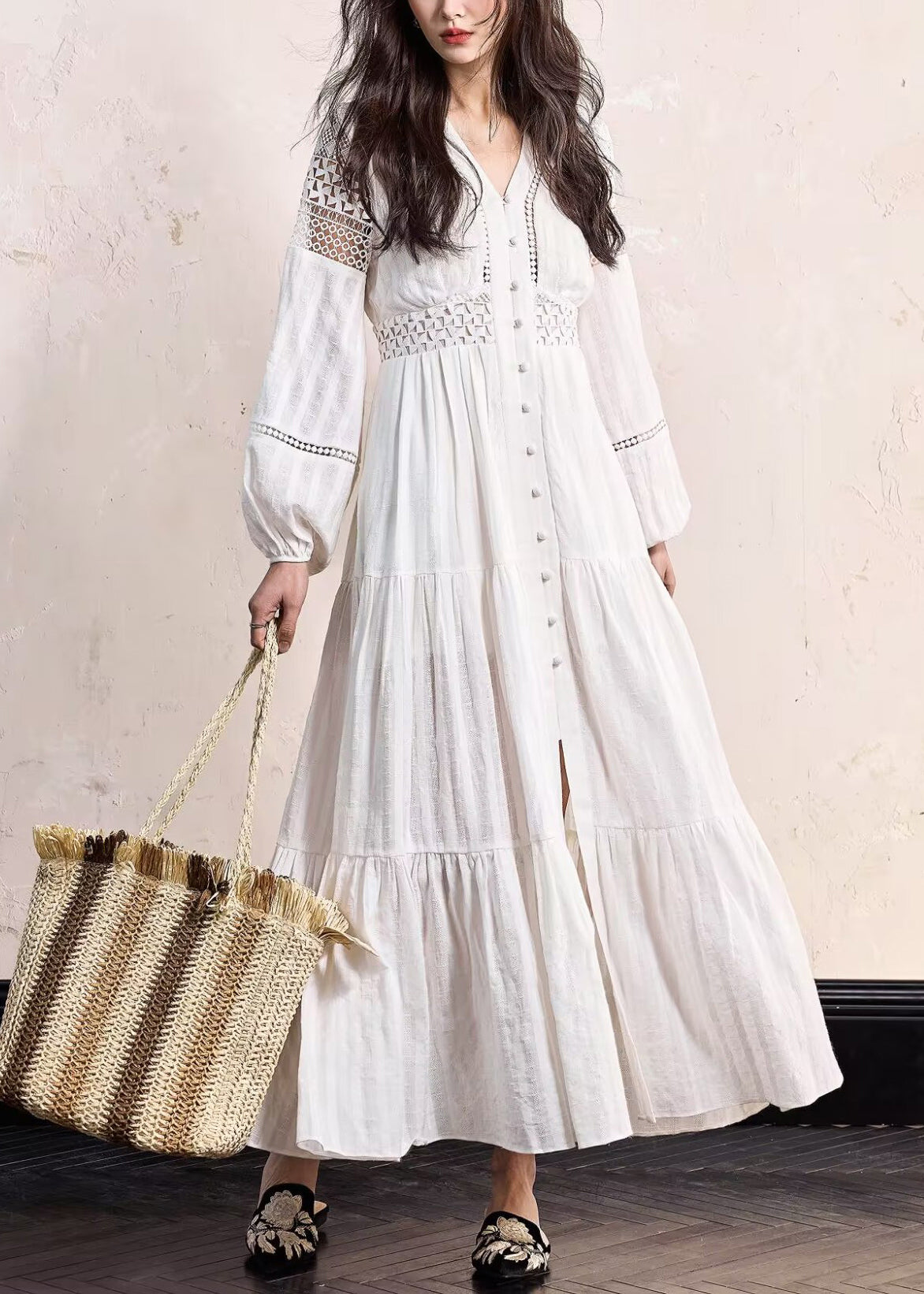 Boho White Hollow Out Wrinkled Cotton Blouses Dress Fall