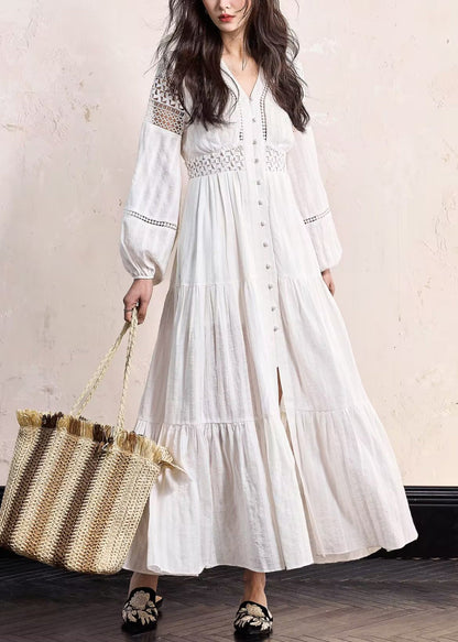 Boho White Hollow Out Wrinkled Cotton Blouses Dress Fall