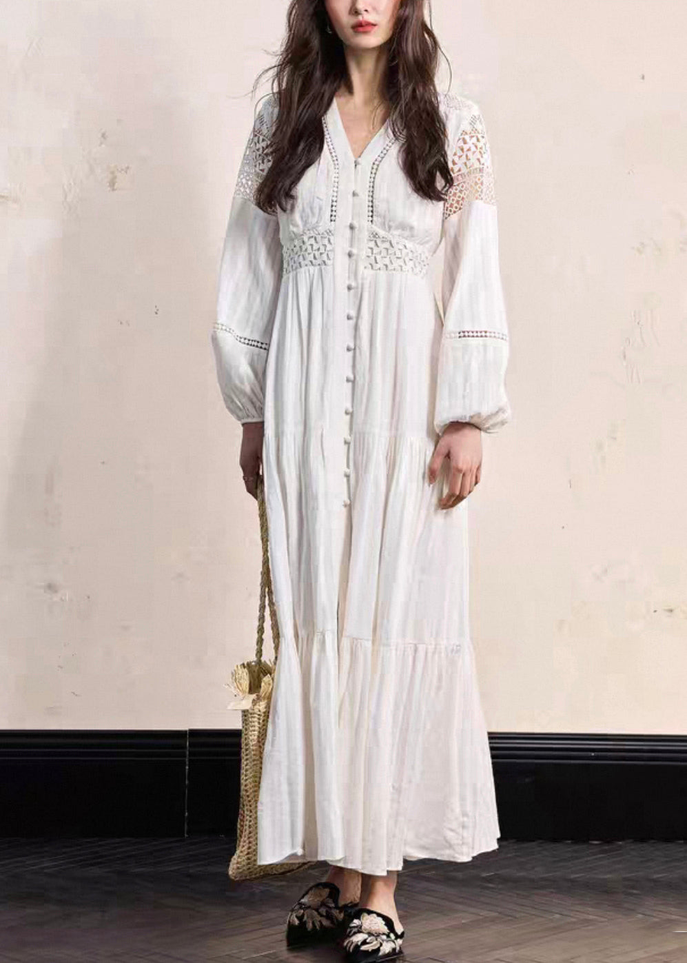 Boho White Hollow Out Wrinkled Cotton Blouses Dress Fall