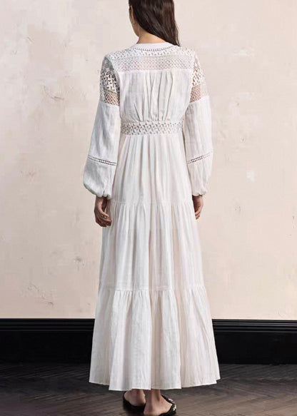 Boho White Hollow Out Wrinkled Cotton Blouses Dress Fall