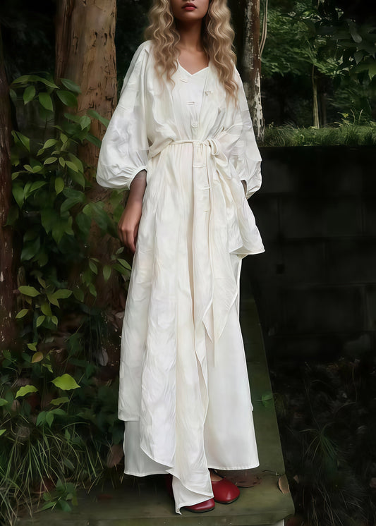 Boho White Oversized Jacquard Cotton Cardigan And Long Dress 2 Piece Outfit Spring