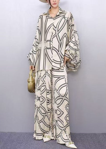 Boho White Oversized Print Silk Two Piece Set Outfits Batwing Sleeve