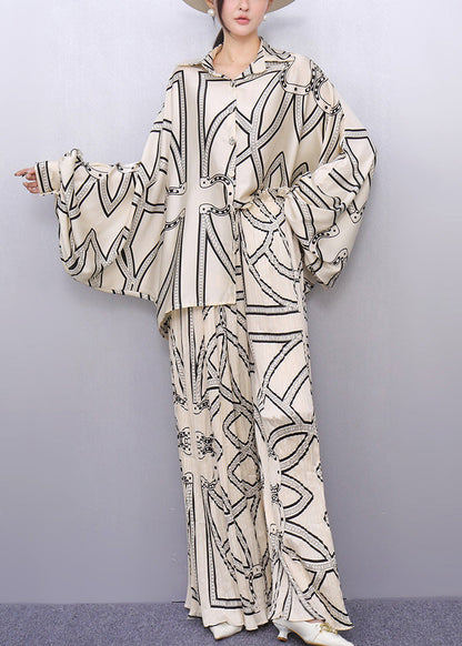 Boho White Oversized Print Silk Two Piece Set Outfits Batwing Sleeve
