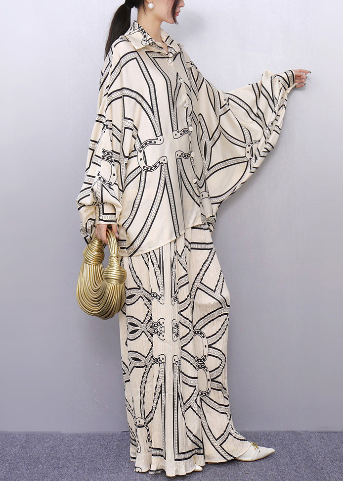 Boho White Oversized Print Silk Two Piece Set Outfits Batwing Sleeve