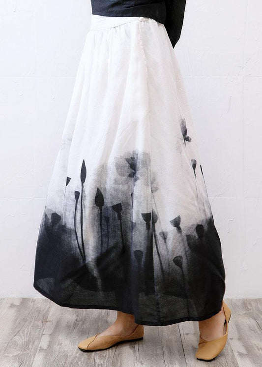 Boho White Print A Line Fall Linen Skirts - SooLinen