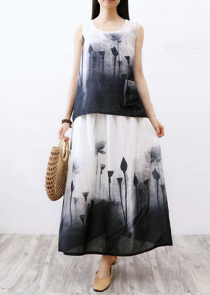 Boho White Print A Line Fall Linen Skirts - SooLinen