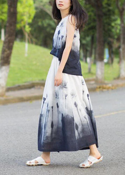 Boho White Print A Line Fall Linen Skirts - SooLinen