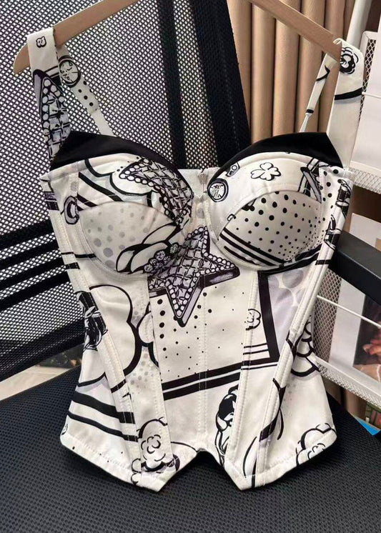 Boho White Print Zippered Silk Cami Tops Summer
