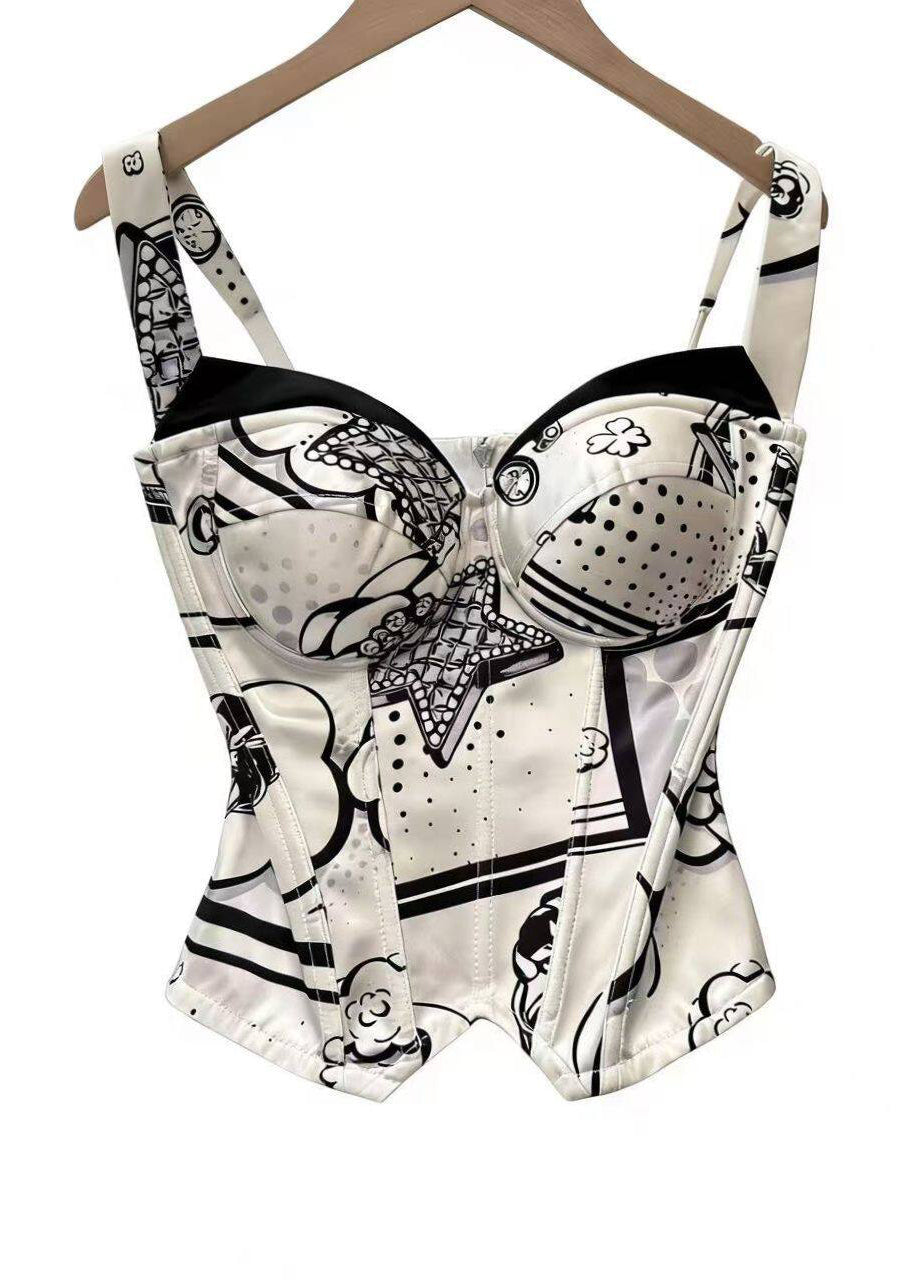Boho White Print Zippered Silk Cami Tops Summer