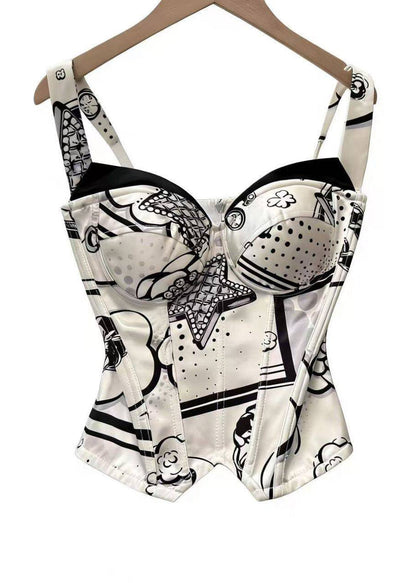 Boho White Print Zippered Silk Cami Tops Summer