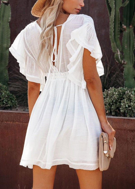 Boho White Ruffled Drawstring Cotton Shift Dress Summer