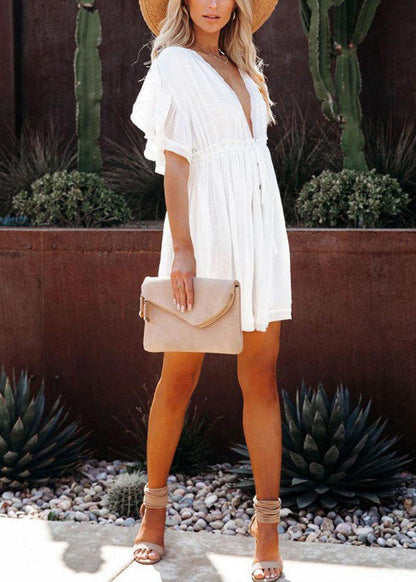 Boho White Ruffled Drawstring Cotton Shift Dress Summer