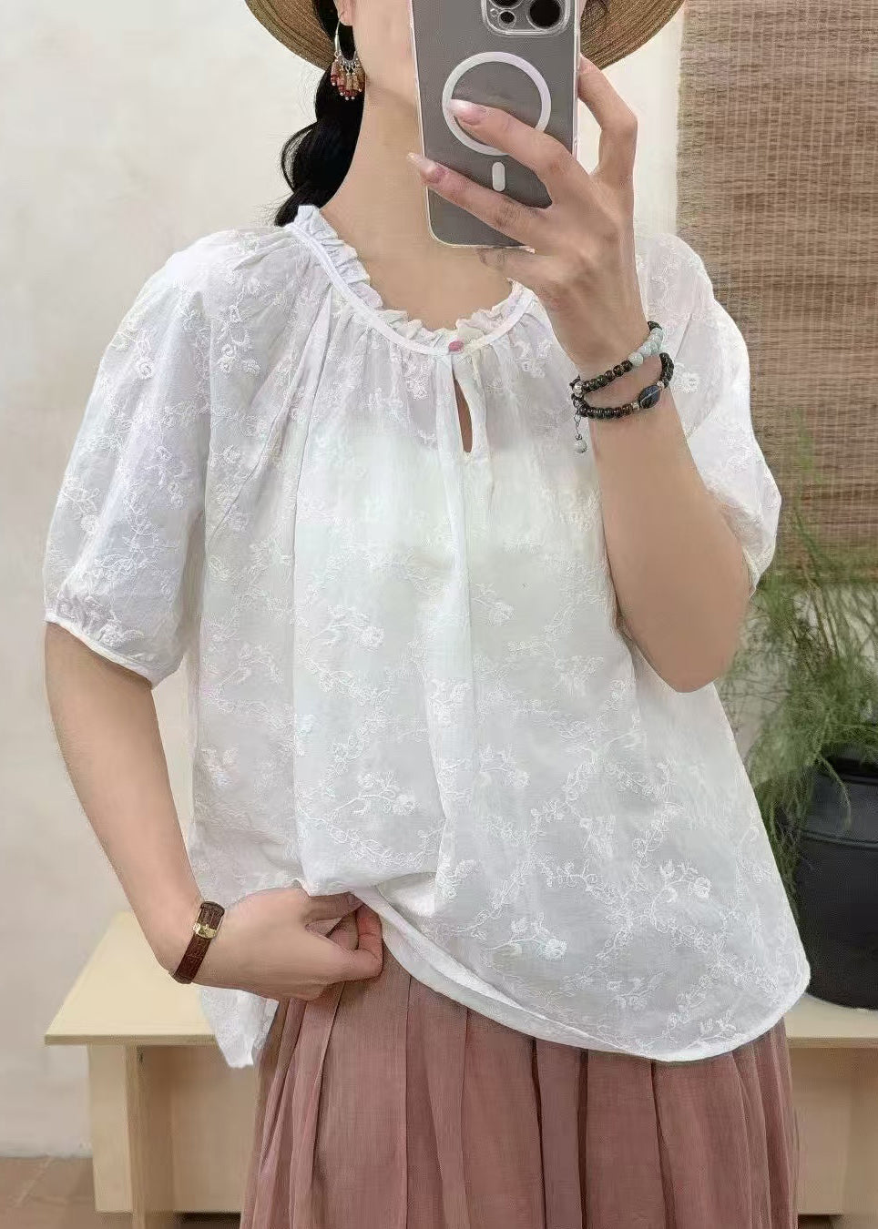 Boho White Ruffled Embroidered Cotton Shirt Tops Summer