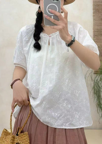 Boho White Ruffled Embroidered Cotton Shirt Tops Summer