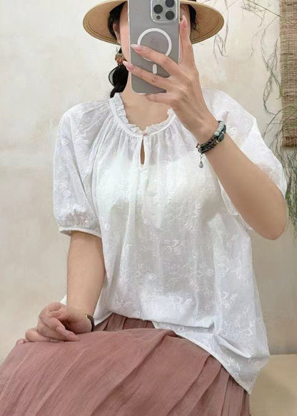 Boho White Ruffled Embroidered Cotton Shirt Tops Summer