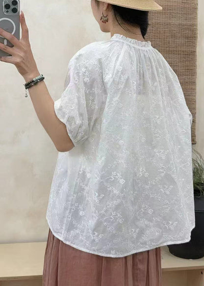 Boho White Ruffled Embroidered Cotton Shirt Tops Summer