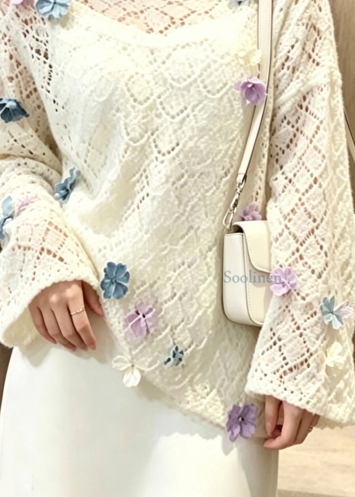 Boho White Sculptural Floral Hollow Out Knit Sweaters Fall