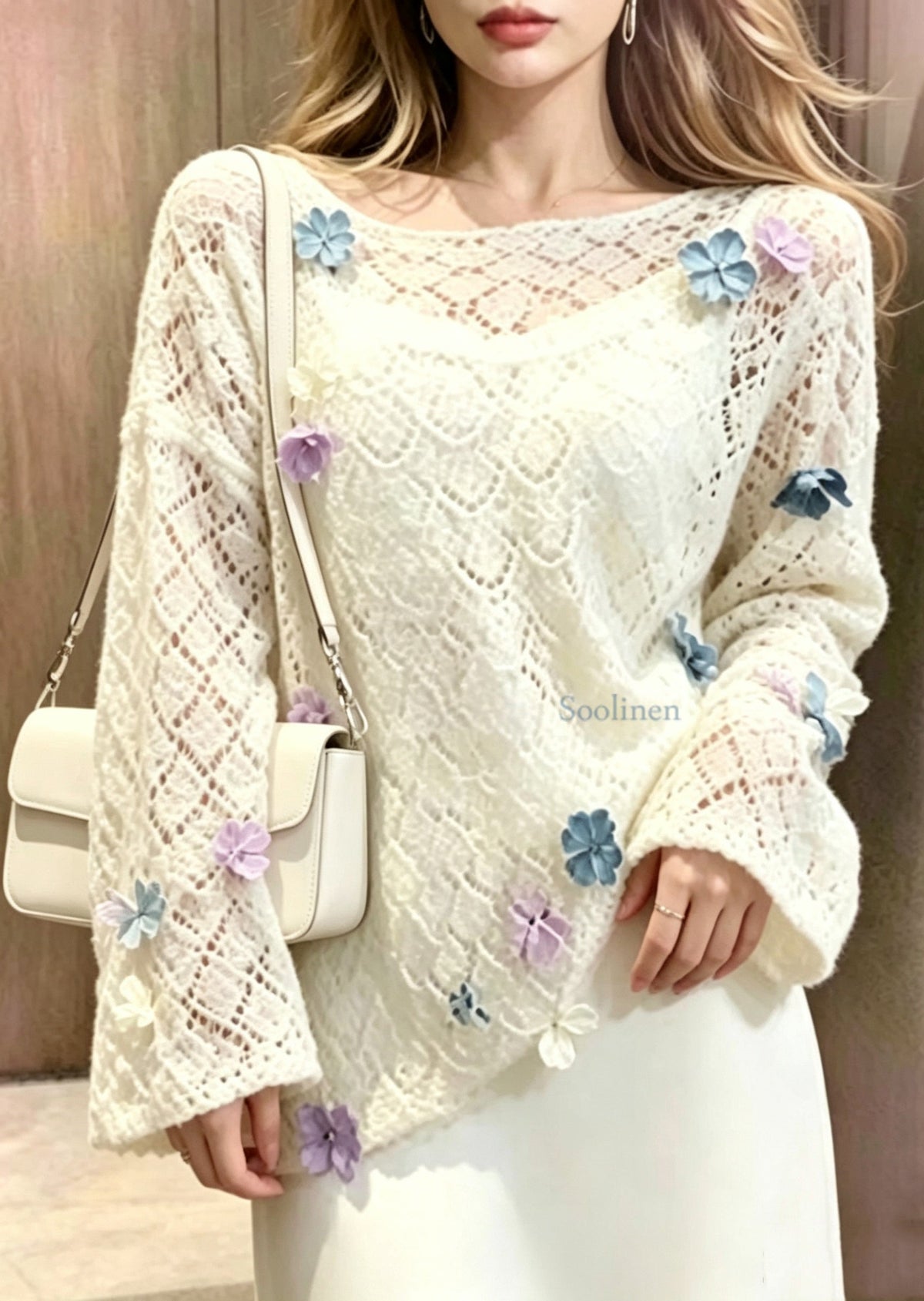 Boho White Sculptural Floral Hollow Out Knit Sweaters Fall