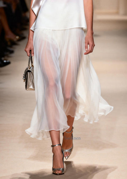 Boho White Silm Fit Chiffon Tops And Skirts Two Pieces Set Sleeveless