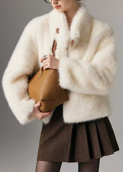 Chaqueta de piel sintética de zorro cálida con cuello alto y patchwork blanco estilo bohemio para invierno