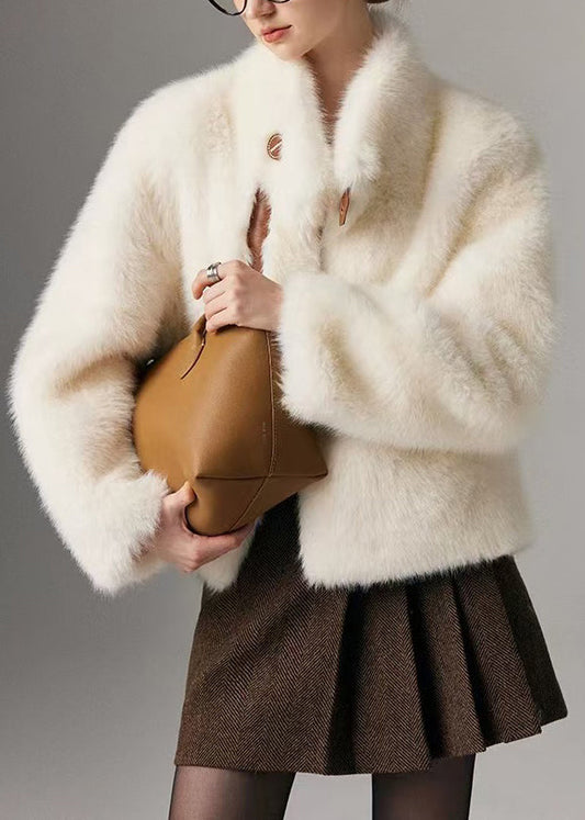 Chaqueta de piel sintética de zorro cálida con cuello alto y patchwork blanco estilo bohemio para invierno