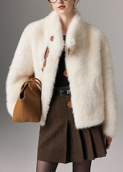Chaqueta de piel sintética de zorro cálida con cuello alto y patchwork blanco estilo bohemio para invierno