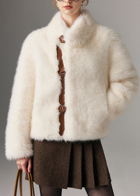 Chaqueta de piel sintética de zorro cálida con cuello alto y patchwork blanco estilo bohemio para invierno