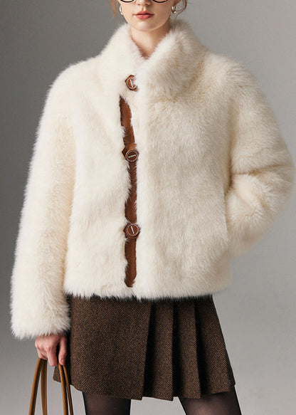 Chaqueta de piel sintética de zorro cálida con cuello alto y patchwork blanco estilo bohemio para invierno