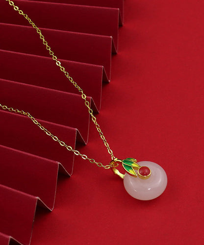 Boho-Halskette mit Jade-Anhänger aus Sterlingsilber, Emaille, Weiß