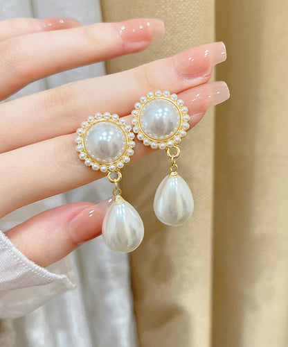 Pendientes bohemios de plata de ley blanca con forma de gota de agua y perla