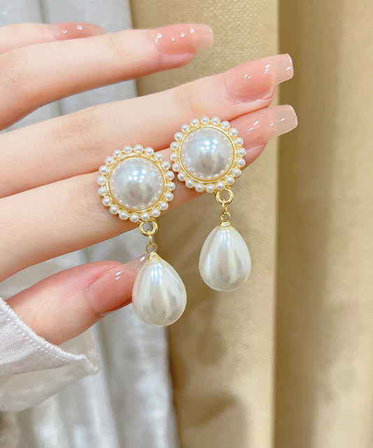 Pendientes bohemios de plata de ley blanca con forma de gota de agua y perla