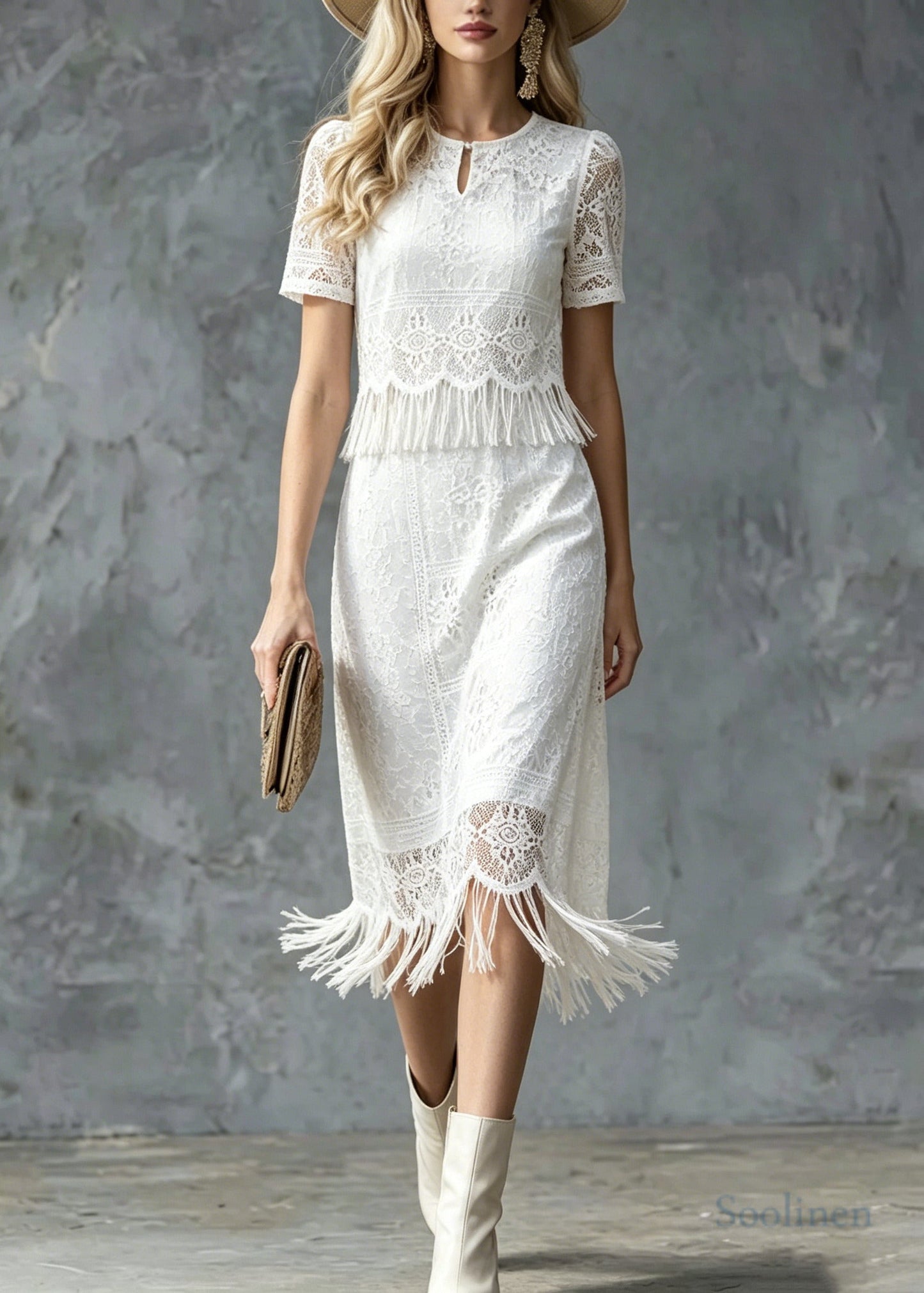 Boho White Tasseled Patchwork Lace Maxi Dress Summer