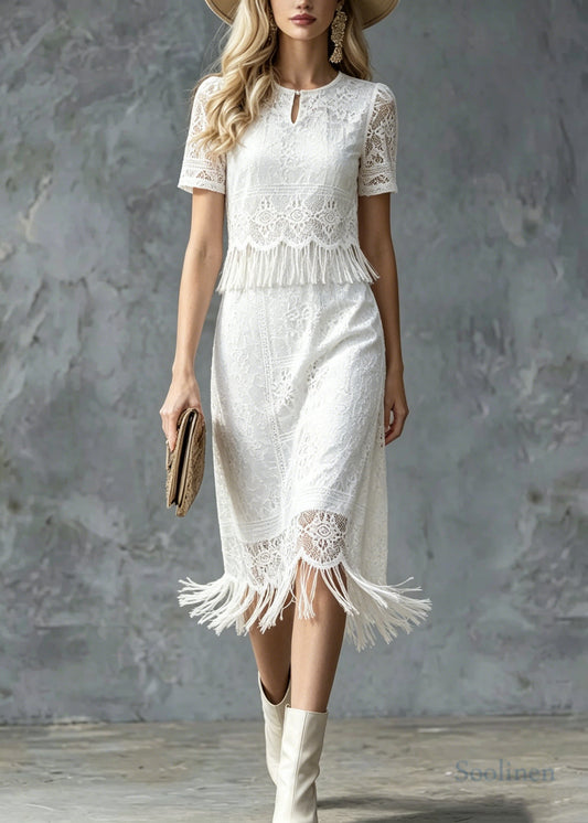 Boho White Tasseled Patchwork Lace Maxi Dress Summer