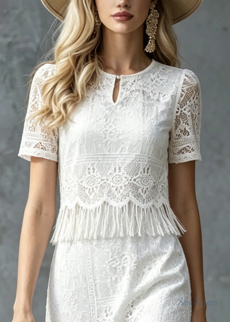 Boho White Tasseled Patchwork Lace Maxi Dress Summer