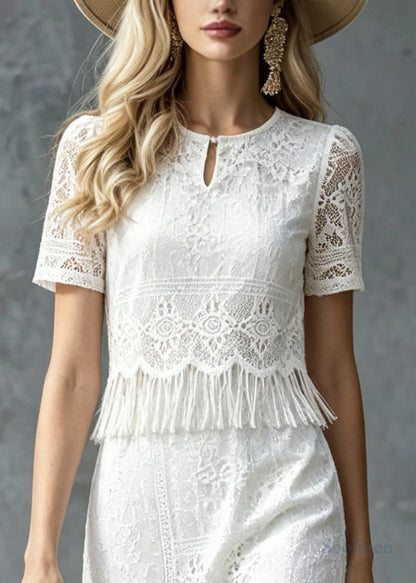 Boho White Tasseled Patchwork Lace Maxi Dress Summer