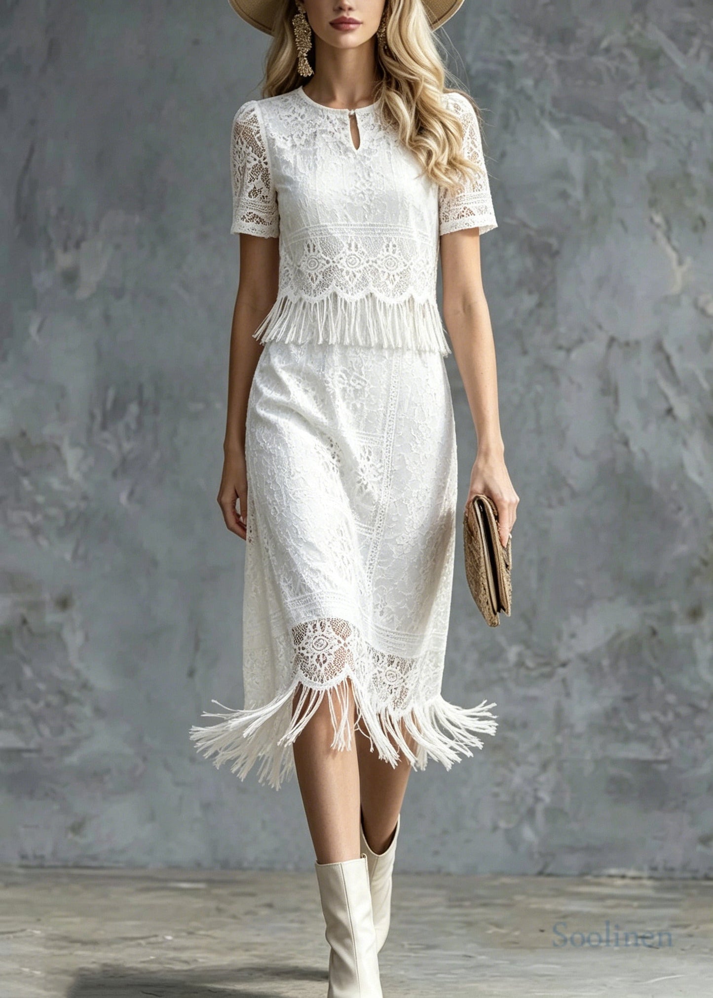 Boho White Tasseled Patchwork Lace Maxi Dress Summer